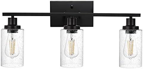 WINSHEN Wall Sconce Lighting 3-Light Matte Black Bathroom Vanity Light Fixtures Farmhouse Wall Lamp with Seeded Glass for Kitchen Living Room Mirror