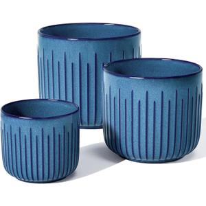 LE TAUCI Fluted Ceramic Plant Pots, 8.3/7/6 Inch Indoor Planters with Drainage Holes & Mesh, Modern Glossy Glaze Cylinder Flower Pot for Snake Plant, Set of 3, Harbor Blue