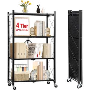 YixangDD 4-Tier Foldable Storage Shelf with WheelsNo Assembly Metal Collapsible Kitchen Folding Shelf or Books Storage Home Kitchen Office Basement Pantry - Black