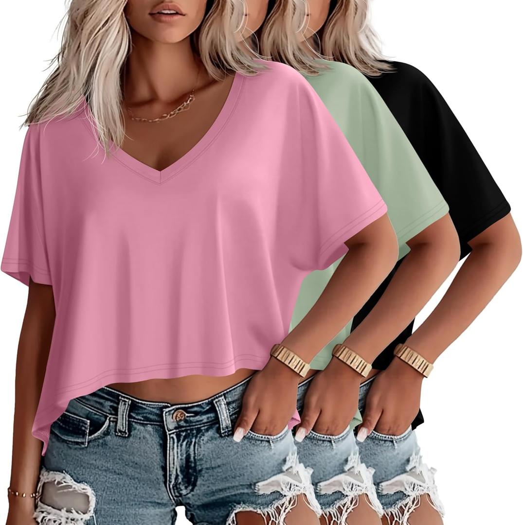 Huukeay 3 Pack Oversized T Shirts for Women Short Sleeve Crop Tops V Neck Irregular Hem Baggy Cropped Tees (Medium, Pink, Light Green, Black)