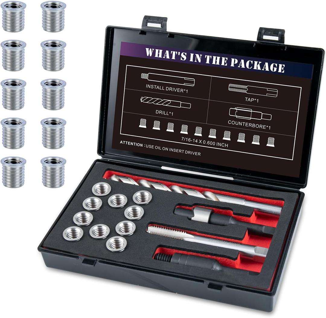 7/16-14 SAE Thread Repair Kit with Insert HSS Drill, Tap, Counterbore, Installation Driver, 10PCS Stainless Steel Insert 7/16-14X0.600 INCH
