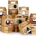 Fulmoon 24 Pcs Christmas Treat Boxes with Window 6 Styles Christmas Cookie Gift Gable Boxes with Handle 6 x 3.5 x 3.5 Inches Xmas for Holiday Birthday Gift Giving Party Favors, Brown