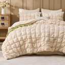 Beige Comforter Set Full Size Bed in A Bag 7 Piece Pinch Pleat Bedding Set, Pintuck Ruched Square Bed Set with Comforter, Sheets, Pillowcases & Shams