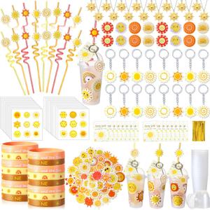 Remuuly 179 Pcs First Trip Around the Sun, Bohemian Hippie Sunshine Theme Party Tableware Includes Cups Straw Sticker Keychain Bracelet Pendant Badges for Baby Shower Birthday Party Gifts, Serves 16