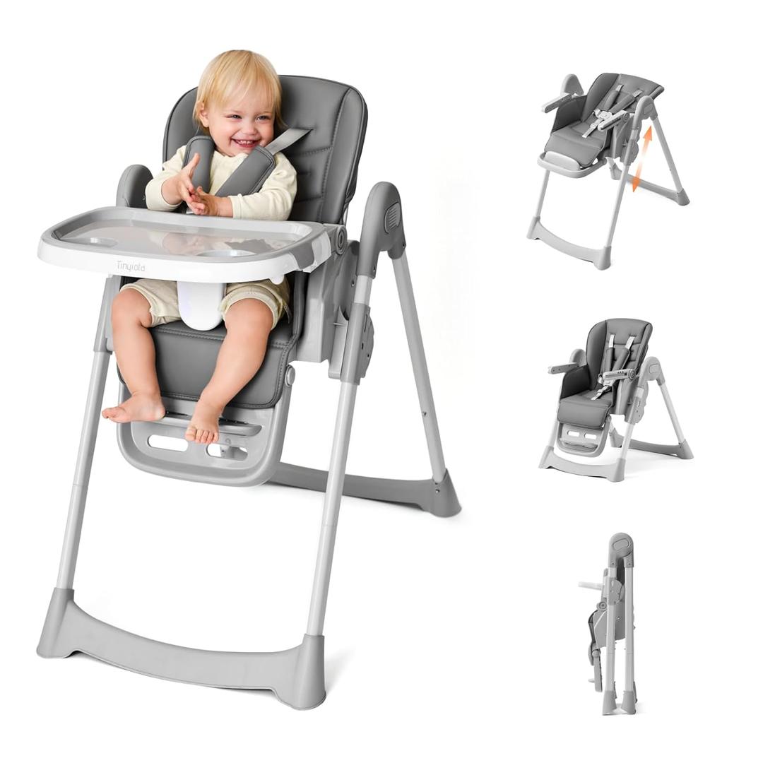 Tinyiota 4 in 1 High Chairs for Babies and Toddlers with Wheels, 8-Height Adjustable & 3-Position Recline, Easy Clean, Dishwasher Removable Tray, Foldable High Chair for Infant, Meets ASTM Safety, Grey