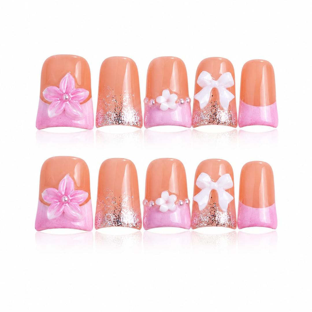 10 Pieces Luxury Y2K Acrylic Press On Nails Short Handmade Duck Nails, Pink Thickened French False Nails With Flowers And Bowknot, Reusable Fake Nails (M)