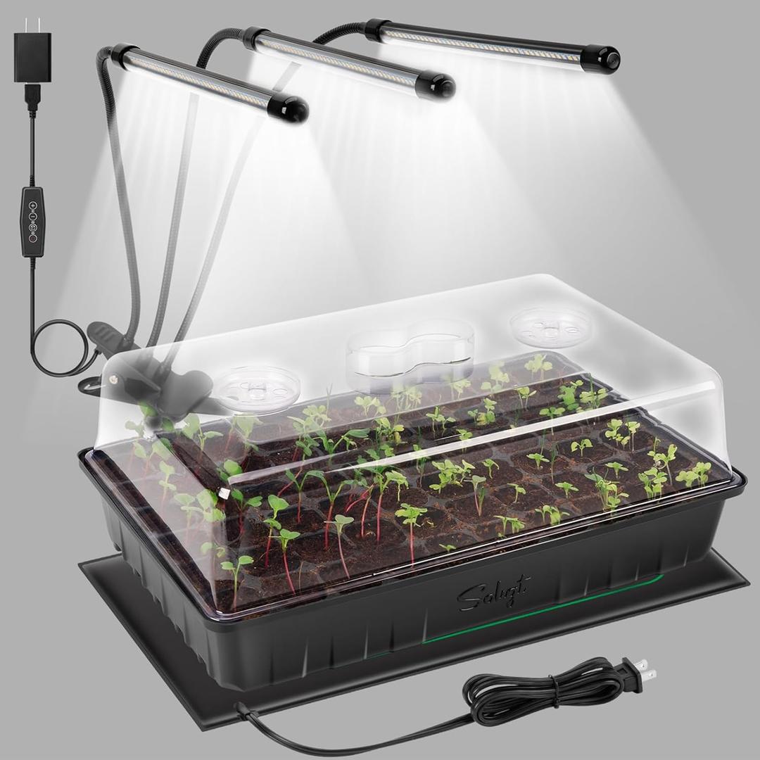SOLIGT 60 Cell Seed Starter Kit with Grow Light and Heat Mat, Seed Starter Tray with Higher 4.3 Humidity Dome, Flexible Light Positioning for Seed Starting & Seedling Growth, Black