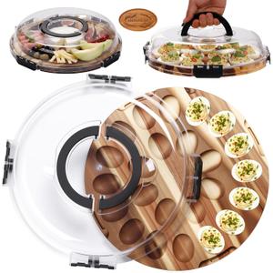 Deviled Egg Platter with Lid - Reversible use Acacia Wood Egg Tray with 24 Slots, Wooden Deviled Egg Holder Container for Party, Kitchen Countertops, Charcuterie Board, Dishwasher Safe Lid