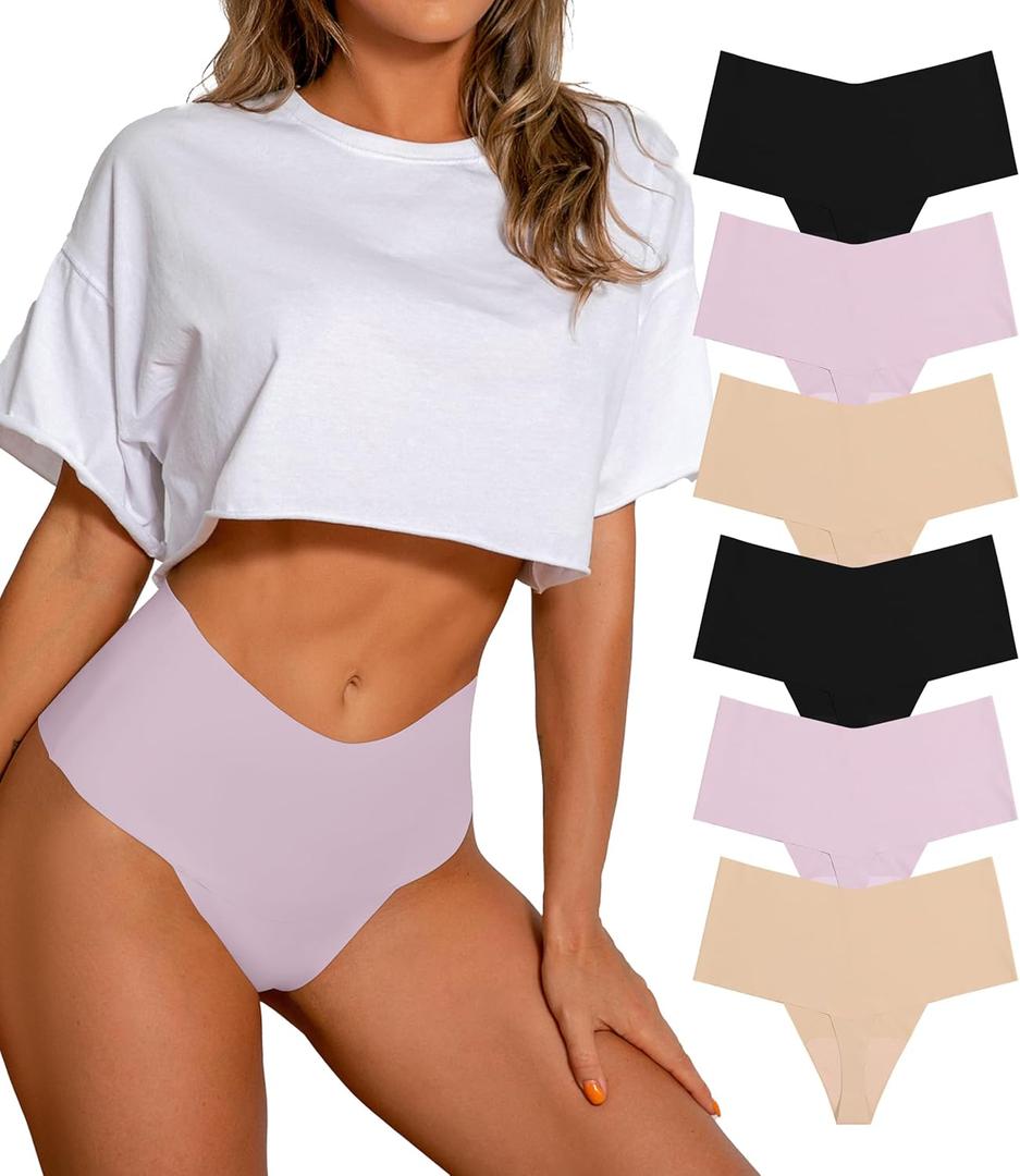 DEANGELMON Women Seamless Thongs No Show Thong Underwear Workout Panties High Waist Tanga Multiple Pack, XL