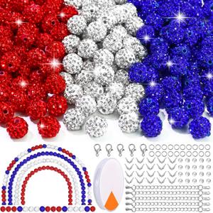 Dowarm 255PCS 10mm Rhinestone Beads for Baseball Rhinestone Necklace Bracelet Jewelry Making, Round Polymer Clay Beads for Crafts Beaded Pens, DIY Shamballa Pave Disco Diamond Bead, White|Red|Blue