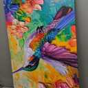 2D No Texture Colorful Painting Hummingbird Canvas Wall Art, Spring Flower Wall Decor, Hummingbird Picture for Wall Living Room Bathroom Bedroom Home Decoration 24*36 in (Stretched Canvas on A Wooden Frame)