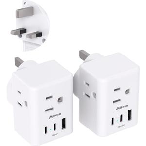 2 Pack US to UK Plug Adapter, Mifaso Type G Power Adapter with 3 Outlet 3 USB Charger, International Plug Adapter, USA to Dubai England Ireland British London Hong Kong Singapore Travel Essentials