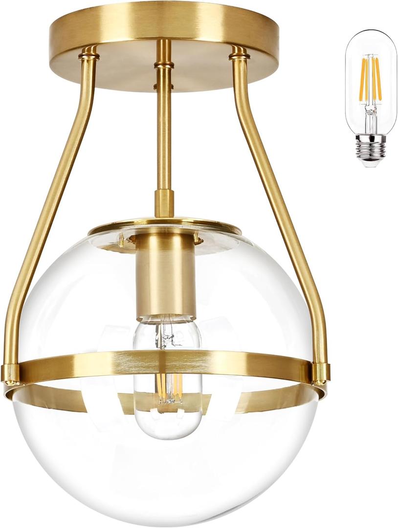 8 Inch Mid Century Ceiling Light Modern Gold Semi Flush Mount Ceiling Light with Clear Glass Shade Globe Semi Flush Mount Ceiling Light Fixture for Bedroom Hallway Bathroom Foyer (Bulb Incl.)