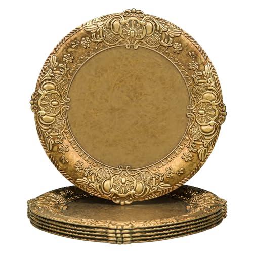 MAONAME 13" Antique Gold Charger Plates, Plate Chargers with Embossed Rim, Round Plastic Charger Plates for Wedding, Table Decor, Set of 6