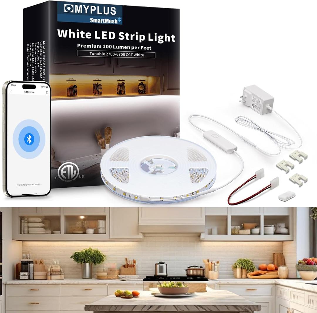 MYPLUS Under Cabinet LED Lights, 16.4ft LED Strip Lights, Tunable Color Temps and Bright 1123 Lumens,Dimmable, 14W, 24V Bluetooth APP Control Rope Lights for Bedroom,Vanity,Cabinet,Kitchen (197 inch)