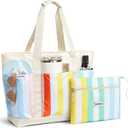 G4Free Beach Bag,Waterproof Beach Tote Pool Bags for Women,Compatible with Stanley Cup,Foldablefor Weekender Travel (35L, Rainbow Stripes)