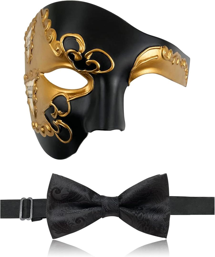 IncreDecor Masquerade Mask for Men Phantom of The Opera Half Face Mask with Bowtie, Venetian Masks for Halloween Party (Black+gold)