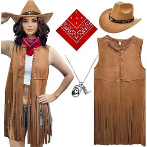 ATAMET Western Cowgirl Outfits for Women Cowgirl Fringe Vest Cowboy Hat Necklace Bandana,70s Hippie Costume for Halloween (Medium, Brown)