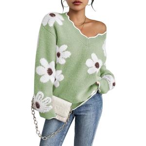Pink Queen Women's Oversized V Neck Fuzzy Sweaters 2026 Casual Loose Long Sleeve Chunky Knit Pullover Jumper Tops (Light Green) S