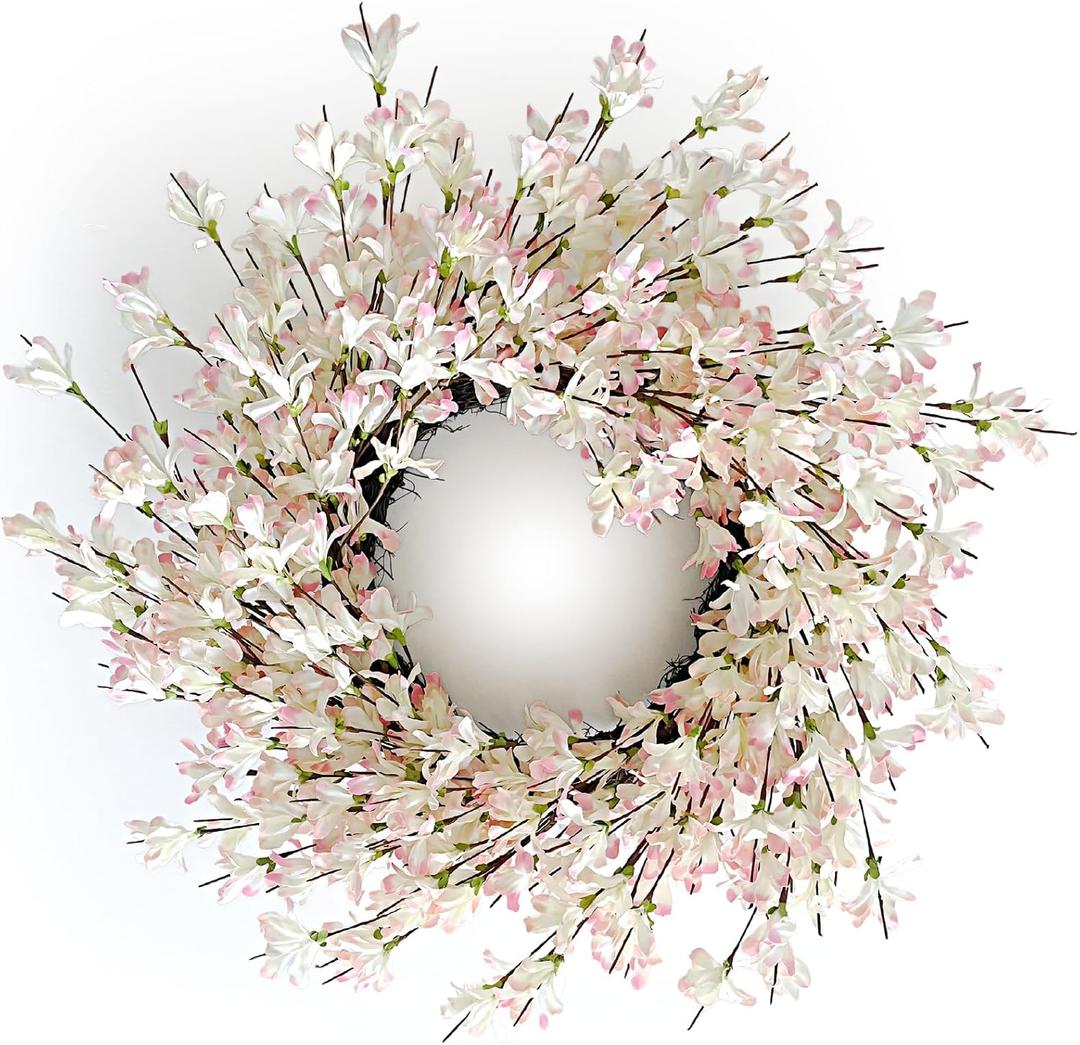 Spring Wreath for Front Door, 24 Inch Spring Forsythiaon Wreath Front Door Pink Forsythiaon Grapevine Wreaths for Festival Celebration Front Door Wall Window Decoration Home Decor