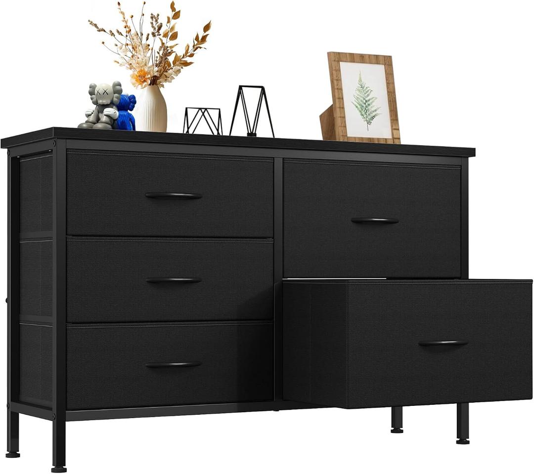DUMOS TV Stand for Bedroom with 5 Drawers, Storage Chest of Drawers, 11.8"D x 39.4"W x 25.3"H