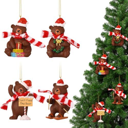 Leinuosen 4 Pcs Bear Christmas Ornaments for Tree 2.8 Inch Resin Bear Christmas Santa Hanging Ornament with Red Scarf Decor for Xmas Gifts Home Office Handmade Holiday Decoration