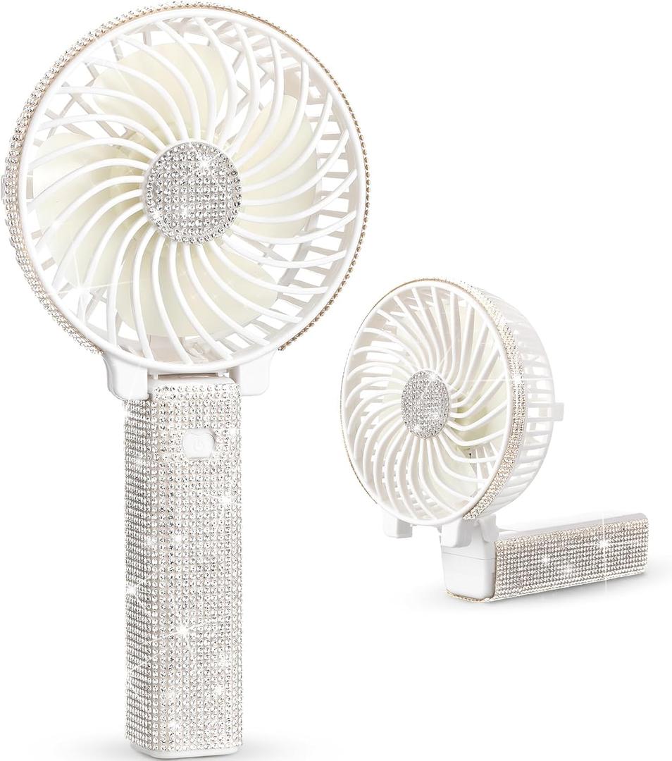 Mudder Rhinestone Handheld Fan Crystal Bling Mini Personal Fan Glitter Bedazzled Portable USB Rechargeable & Battery Operated for Girls Women Outdoor Travel Indoor Makeup Office(White,Foldable)