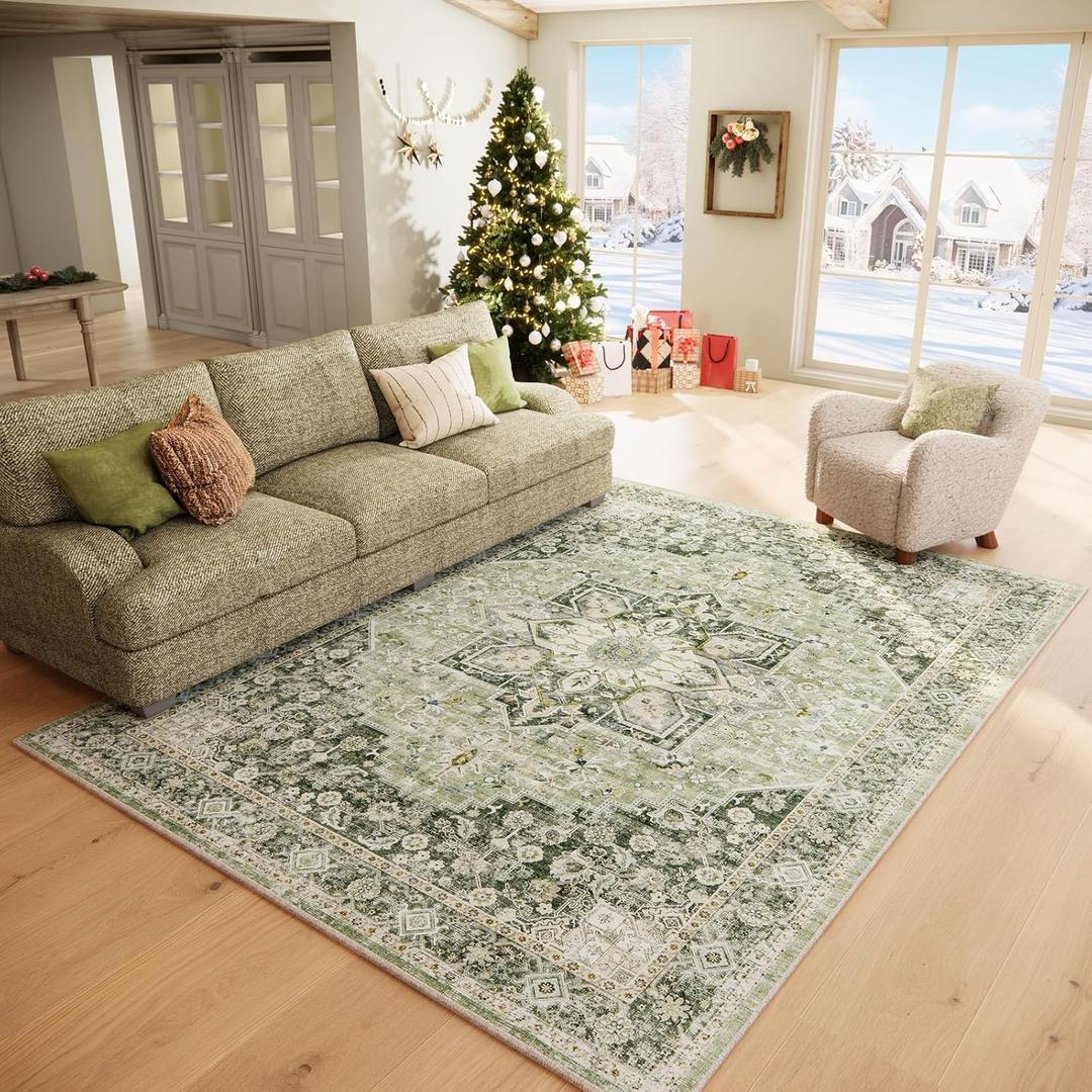 69 Machine Washable Rug for Living Room, Boho Vintage 69 Area RugDistressed Accent Low Pile Ultra Soft Large Carpet for Bedroom Bathroom Dining Room, Floral/Green (6x9)