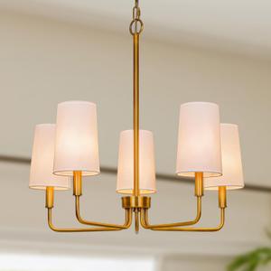 Chandelier, Brass Gold with White Fabric Shade, 5-Light Modern Farmhouse Hanging Pendant Lighting Fixture for Bedroom, Kitchen Island, Living & Dining Room (Brass Gold & White Shades)