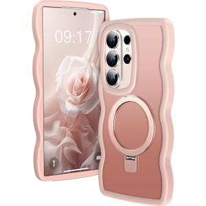 [Magnetic Stand & Cute Wave Frame]Case for Samsung Galaxy S26 Ultra [Fit for MagSafe]MIL-Grade Drop Protection Non Yellowing Matte Translucent Back Phone Case Cover for Galaxy S26 Ultra, Pink