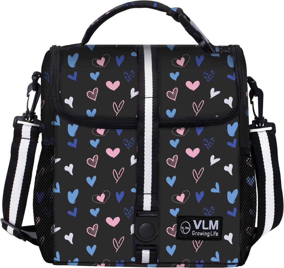 VLM Lunch Box for Women, Insulated Lunch Bag Women with Adjustable Shoulder Strap, Cute Lunch Tote Bag for Work,Picnic,Camping (Medium, Heart Design)