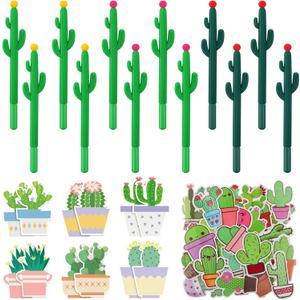 Tinlade 74 Pcs Cactus Party Favors, 12 Pcs Cactus Pens Bulk 0.5 mm Black Gel Ink Pens 50 Pcs Waterproof Vinyl Stickers 12 Pcs Succulent Notes for Kids Students
