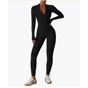 ECUPPER Women Long Sleeve Bodycon Jumpsuits Workout Zip Up Unitard One Piece Full Bodysuits Sexy Yoga Rompers Pants M