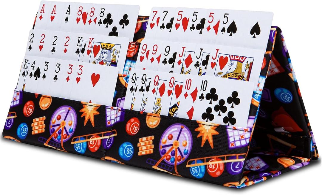Large Playing Card Holder for Poker Canasta Bridge Games Bingo Card Holder for Pull Tabs Gambling Tickets Bingo Stuff Supplies Family Game Night Accessories for Adults Seniors (Black/Purple)