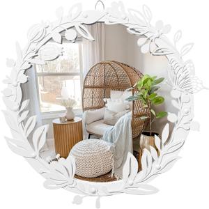 Blue Page Decorative Round Mirror for Wall Decor, White Floral With Flower Frame, Framed Circle Wall Mounted, Accent Iron Circular for Bathroom Sink Hallway Entryway (20"L x 20"W)