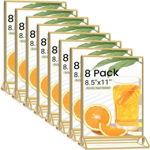 Smarpau 8 Pack Acrylic Sign Holder 8.5x11 Gold Acrylic Frame Clear Table Number Holders Picture Frames Double Sided Gold Frame for Wedding Party Decoration Restaurant Menu Home Display Stand
