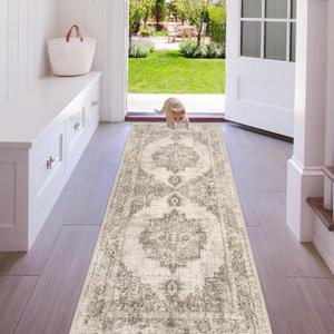 Area Rug 2x6 Runner Rugs: Washable Vintage Hallway Rug Indoor Medallion Rugs Low Pile Distressed Floor Carpet Retro Accent Rug for Kitchen Bedroom Bathroom Dining Room(Taupe, 2'x6')