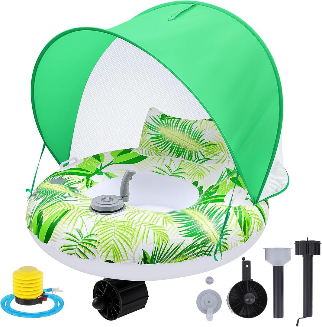 Motorized Pool Float with Canopy for Adults, Electric Inflatable Pool Lounger with Motor, Floating Chair Tube with Pusher Handles, Cupholder, Foot Pump for Summer Party, Beach, Lake, Calm Water