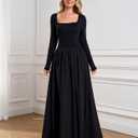 Women Long Sleeve Fall Maxi Dress Casual Square Neck Wedding Guest Long Formal Dress with Pockets (Black, S)