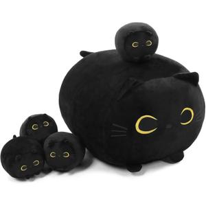 TOYSYM Black Cat Stuffed Animal Mommy Cat Plush Toys with 4 Squishy Baby in Her Tummy Soft Cute Hugging Pillows for Boys and Girls