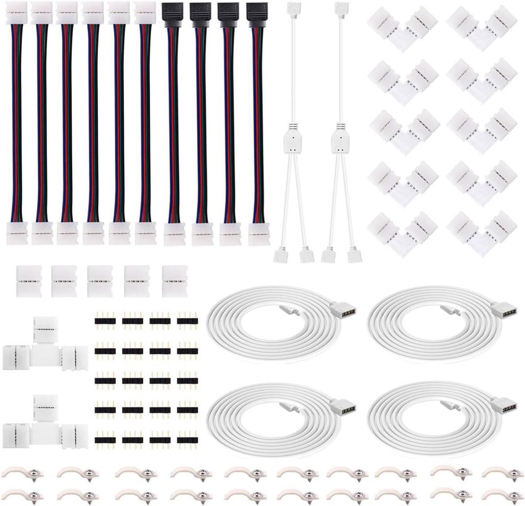 4Pin RGB LED Strip Connector Kit - Include 5050 2 Way RGB Splitter Cable, 6.6feet RGB Extension Cable, RGB Controller Jumper, LED RGB Jumper, L and T Shape Connectors, Male Connector, LED Strip Clip