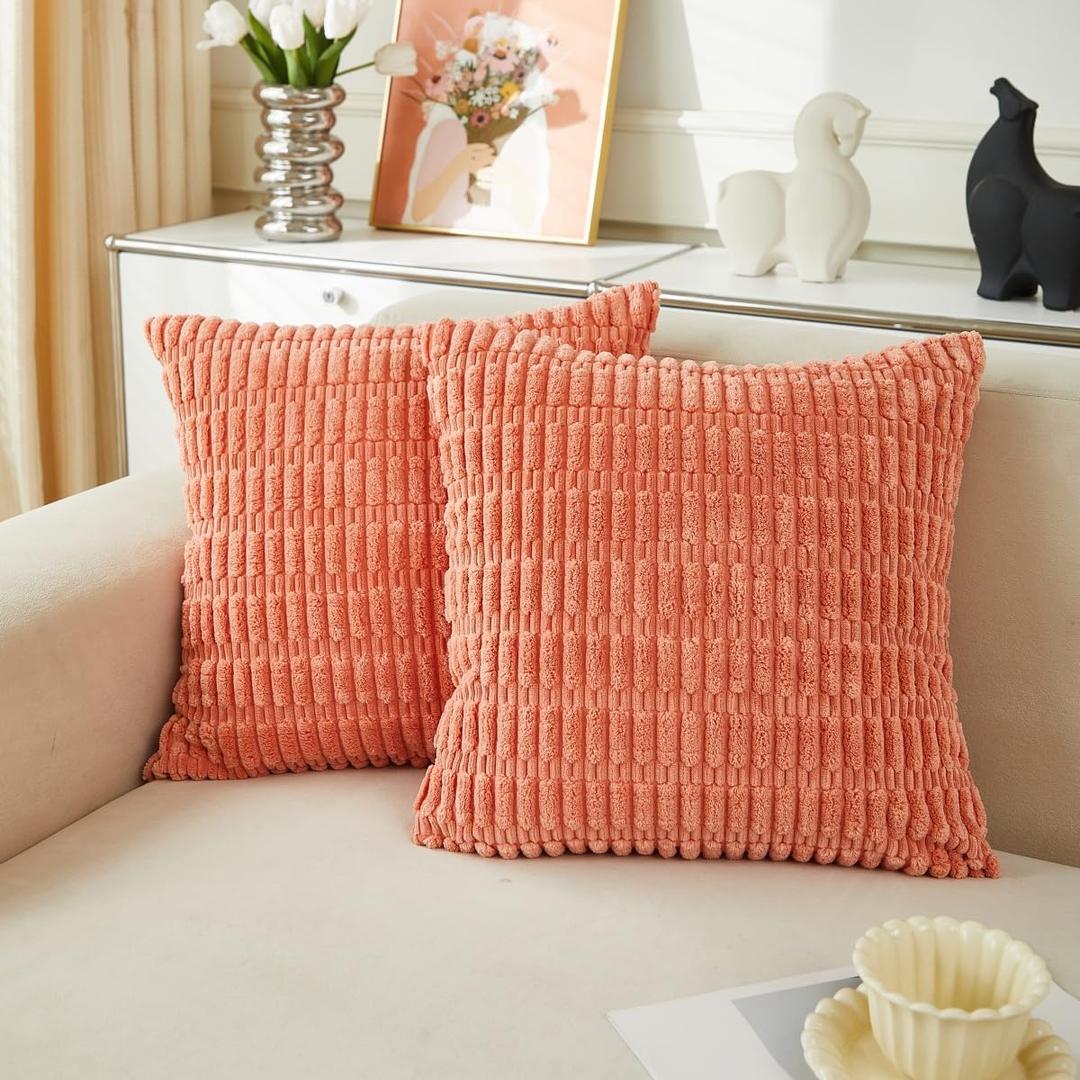 Sunday Praise Pack of 2 Coral Corduroy Decorative Throw Pillow Covers 18x18 Inch Soft Boho Striped Square Pillow Cases for Couch Sofa Bed Rustic Farmhouse Modern Home Dcor