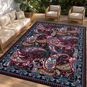 Arenarug Paisley Waterproof Outdoor Rug 8x10, UV Resistant, Magenta | Machine Washable, Easy to Clean, Non Slip, Faux Linen Outdoor Carpet for Patio, Deck Balcony Backyard