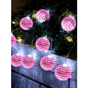 BBTO LED Disco Ball String Light Battery Powered Mirror Balls Ornaments for Outside Backyard Porch 70s 80s Disco Party Supplies(1.57 Inch,Rose Pink)