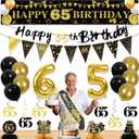 27pcs 65th Birthday Decorations for Men,Black Gold 65th Party Decorations,Happy 65th Birthday Banner Honeycomb Hanging Swirls Cake Topper and Balloons Kit Party Supplies