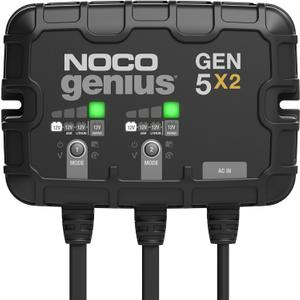 NOCO Genius GEN5X2: 2-Bank, 10A Onboard Battery Charger - 5A Per Bank, 12V Waterproof Marine Charger with Overcharge Protection & Temperature Compensation  for Lead-Acid & Lithium Batteries NOCO Genius GEN5X2: 2-Bank, 10A Onboard Battery Charger - 5A Per Bank, 12V Waterproof Marine Charger with Overcharge Protection & Temperature Compensation  for Lead-Acid & Lithium Batteries