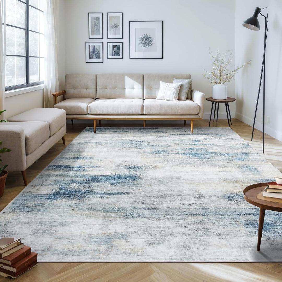 9'x12' Washable Area Rug - Modern Abstract Large Carpet for Living Room, Bedroom & Dining Room, Stain Resistant, Soft, Non-Slip, Machine Washable (Blue Grey)