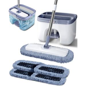 Flat Microfiber Mop and Bucket Set with Wringer, 360 Spin Mop for Floor & Wall Cleaning, 17.7x9in Wide Head, 4 Washable Pads, Hands-Free