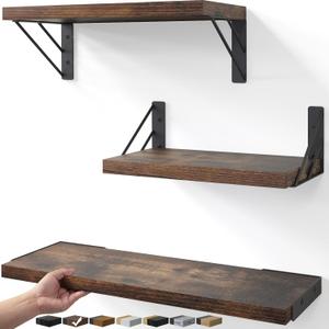 BAYKA Wall Shelves for Bedroom Decor, Floating Shelves for Wall, Display Mounted Rustic Wood Shelf for Books,Plants,Corner Shelves for Bathroom,Kitchen,Living Room(Rustic Brown,Set of 3), 16-inch Mixed