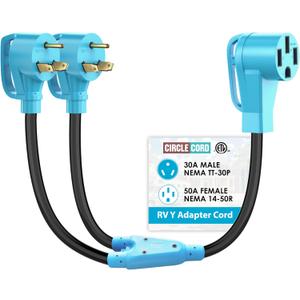 CircleCord ETL Listed RV Y Adapter Cord Two 30 Amp to 50 Amp, NEMA TT-30P Male Plug to 14-50R Female with Grip Handle, Heavy Duty STW 10 AWG for RV Trailer Camper